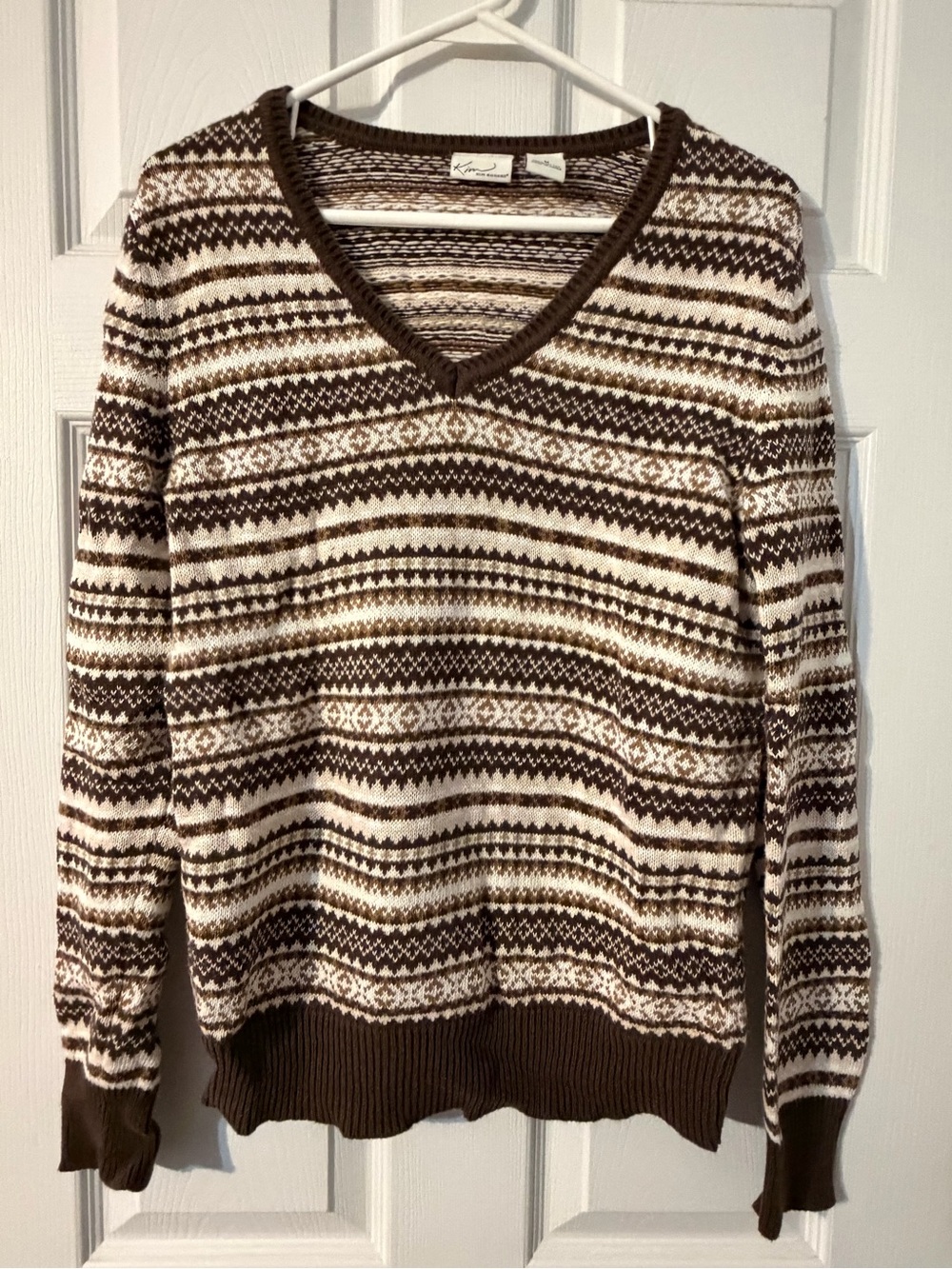 Women’s Kim Rogers V Neck Brown Striped Sweater Size Medium